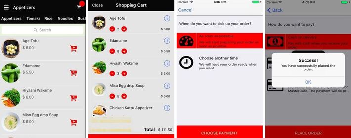 E-commerce module functionalities in a restaurant app: adding products to a shopping cart, pick-up and payment