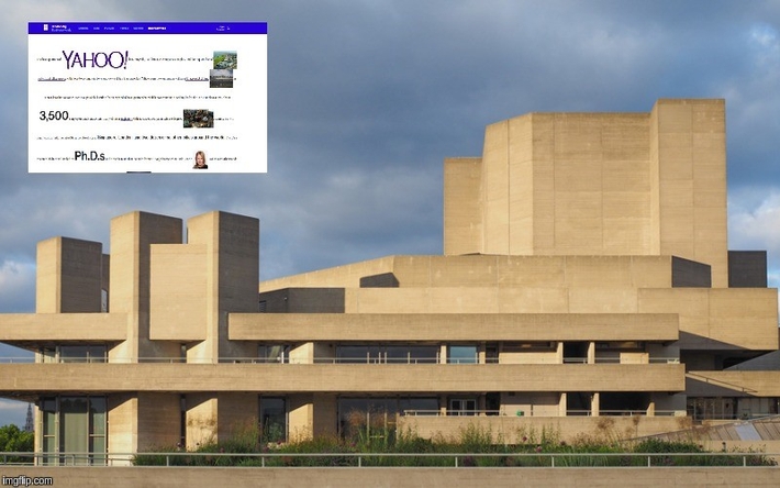 Brutalism in architecture - Southbank Centre,
  London; brutalism in web design -  Bloomberg Businessweek feature on Yahoo