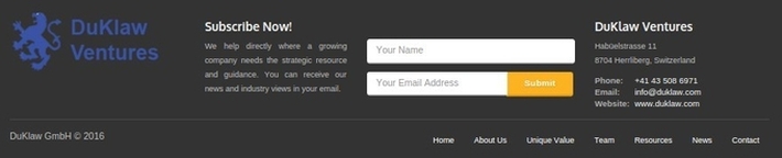 DuKlaw website footer: logo, Newsletter subscription
  and Contact Us details