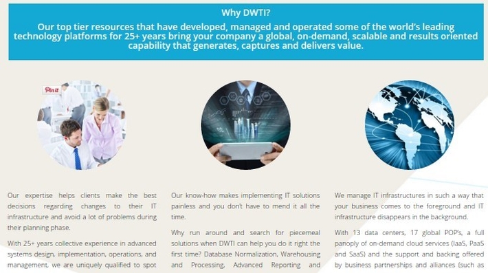 DWTI homepage: emphasizing services borne by experience
  and core strengths