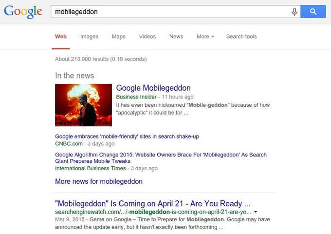 Caption of Google results page for 'mobilegeddon'