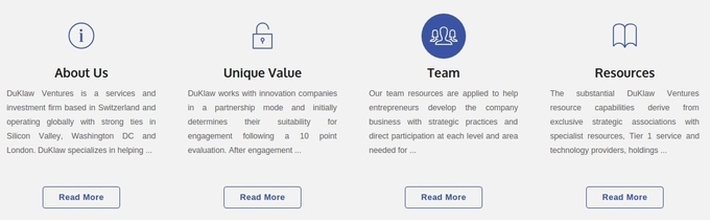 Essential information shown on DuKlaw Ventures'
  website homepage below the slideshow