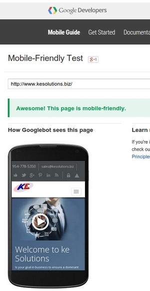 Caption of ke Solutions website diagnosis in Google’s mobile-friendly tester
