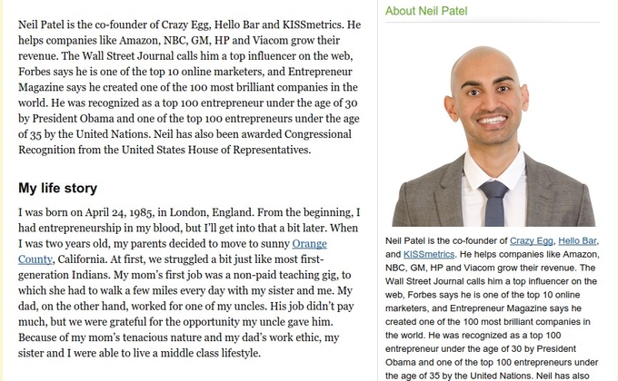 Caption from Neil Patel’s About page on quicksprout.com