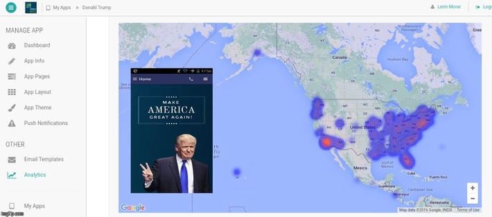 AppzBizz platform launches a new app analytics feature:
  heatmaps; screencapture from AppzBizz analytics page for Donald J. Trump app