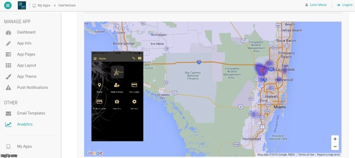 Screen capture from AppzBizz analytics page for the
  Hairventure app showing app install density in the larger Miami area