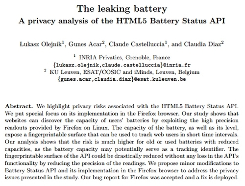 Title and abstract from
      'The leaking battery A privacy analysis of the HTML5 Battery Status API' by Olejnik et al, 2015