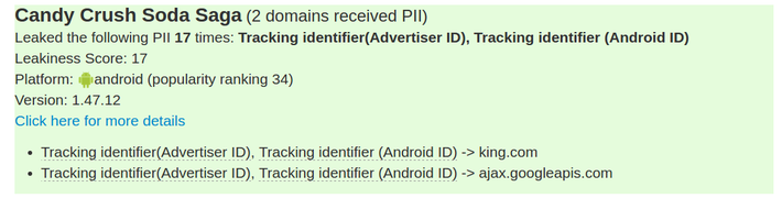 ReCon custom leakiness score for Candy Crush Soda Saga