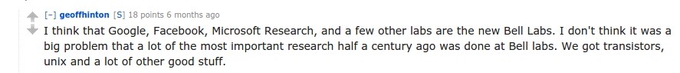 Screen capture from the Redditt
Q&A session with Geoff Hinton about the potential of industrial labs